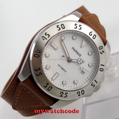 43mm Parnis white dial Sapphire Glass brown strap miyota Automatic mens Watch602