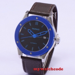 43mm Parnis black dial blue PVD case automatic leather mens watch P650