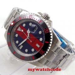40mm Bliger blue red dial date sapphire crystal automatic unsex womens watch 116
