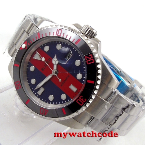 40mm Bliger blue red dial date sapphire crystal automatic unsex womens watch 116