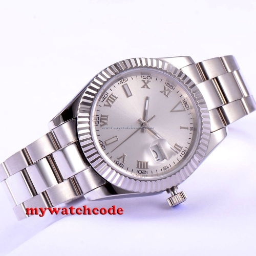 40mm parnis silver dial date sapphire glass automatic ss mens wrist watch P188