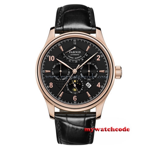 42mm Parnis Black Dial multi-function Power Reserve automatic Men's Watch P580