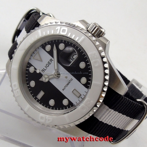 40mm bliger black white dial date sapphire automatic movement mens watch B153