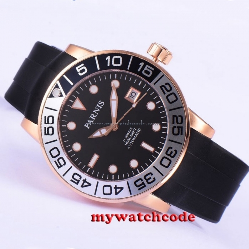 42mm Parnis rosegold case black dial Sapphire glass 21 jewels Miyota automatic mens watch 601