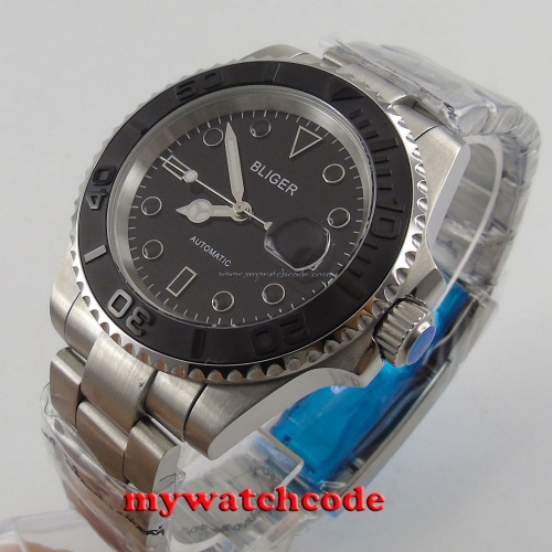 40mm bliger black dial brushed ceramic bezel sapphire glass automatic mens watch