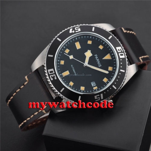 43mm Parnis black dial sapphire glass date miyota automatic mens wristwatch P704