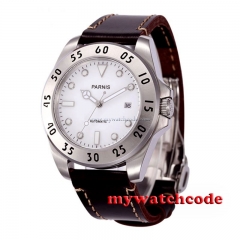 43mm Parnis white dial Sapphire Glass 21 jewels miyota Automatic mens Watch P602