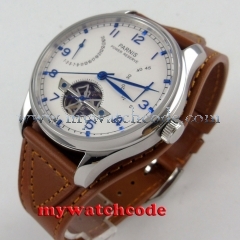 43mm parnis white dial power reserve brown leather strap automatic mens watch 13