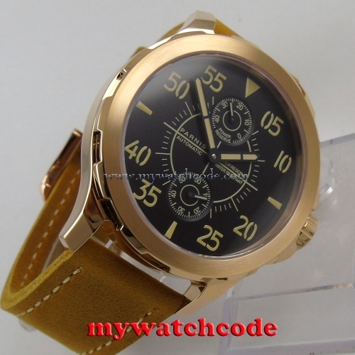 44mm Parnis black dial rose gold case Sapphire glass ST2542 Automatic Mens Watch