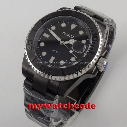 40mm Bliger black dial PVD case ceramic sapphire crystal automatic mens watch162