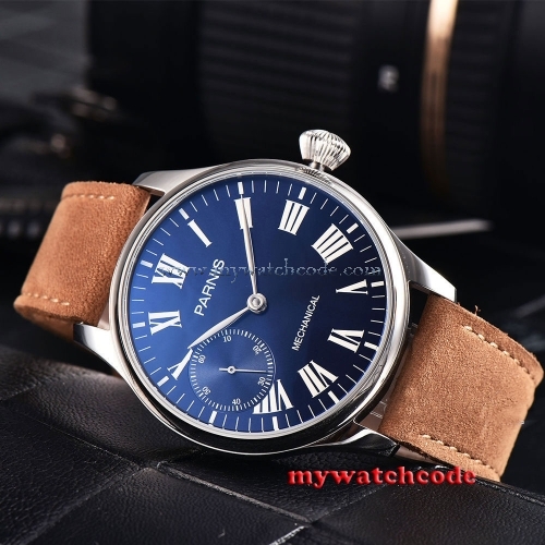 44mm parnis blue dial 6497 movement hand winding mechanical mens watch P794