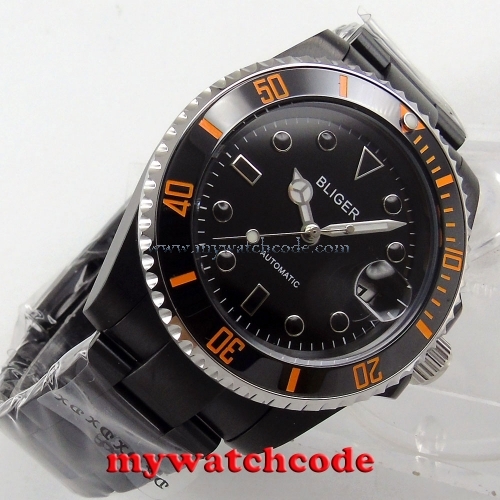40mm Bliger black dial PVD case ceramic sapphire crystal automatic men's watch