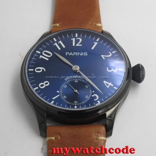 new arrive 44mm parnis blue dial hand winding 6497 mechanical mens watch P801B