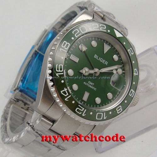 40mm Bliger green dial luminous GMT date sapphire glass automatic mens watch 179