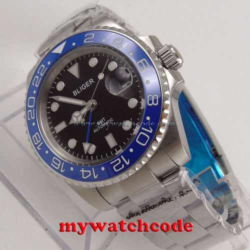 40mm Bliger black dial GMT hands date sapphire glass automatic mens watch P182