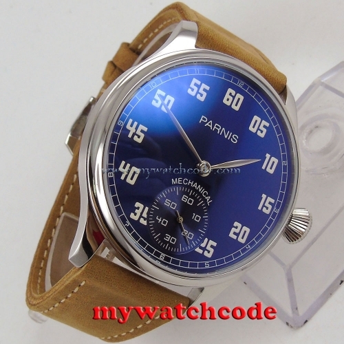 new arrive 44mm parnis blue dial hand winding 6498 mechanical mens watch P806B