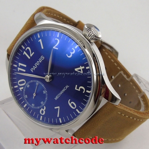 new arrive 44mm parnis blue dial hand winding 6497 mechanical mens watch P801B