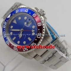 40mm Bliger blue dial blue red bezel luminous GMT date sapphire glass automatic mens watch 180