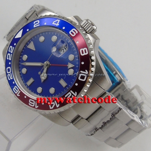 40mm Bliger blue dial blue red bezel luminous GMT date sapphire glass automatic mens watch 180