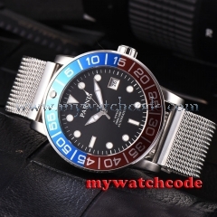 42mm parnis black dial blue & red bezel date miyota automatic mens watch P429B