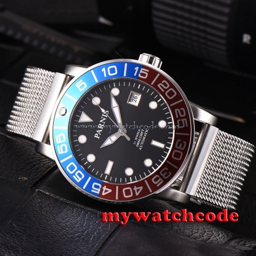 42mm parnis black dial blue & red bezel date miyota automatic mens watch P429B