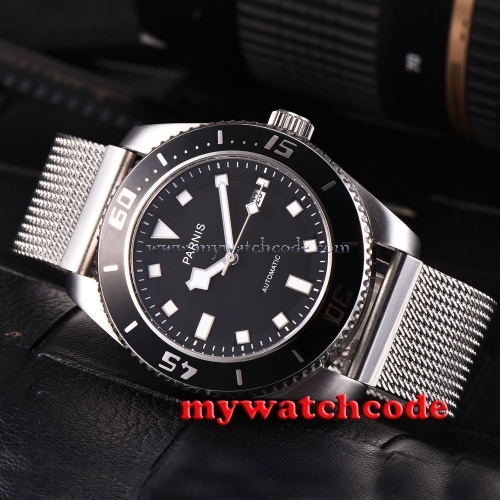 43mm parnis black dial black bezel date sapphire glass automatic mens watch P592