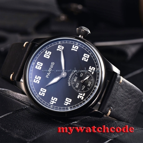 44mm parnis black dial luminous PVD case 6498 movement hand winding mens watch