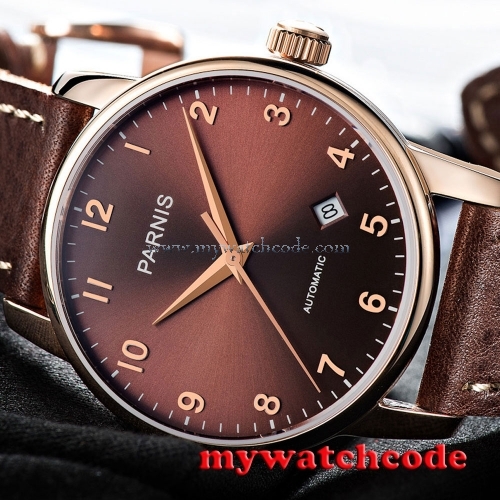 38mm Parnis coffee dial rose golden case Sapphire glass Automatic Mens watch 824