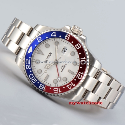 40mm Bliger white dial red GMT luminous sapphire glass automatic mens watch B193