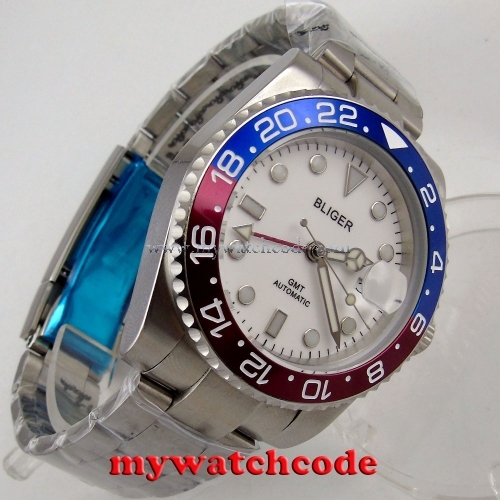 40mm bliger white dial sapphire glass GMT magnifying date automatic mens watch