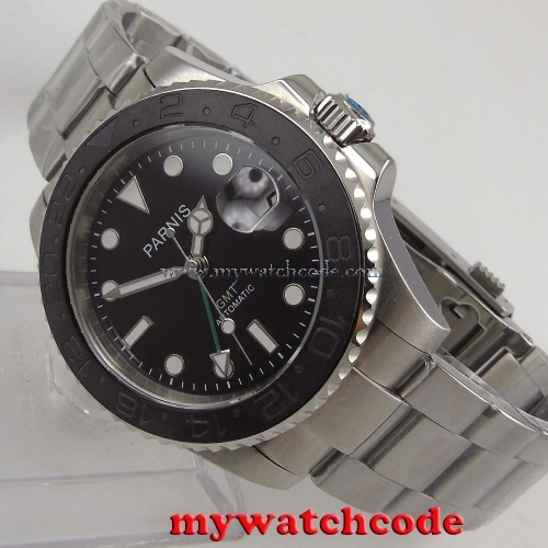 40mm Parnis black dial Sapphire glass date window GMT automatic mens watch P875