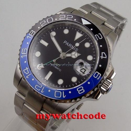 40mm Parnis black dial date window Ceramic bezel GMT automatic mens watch P876