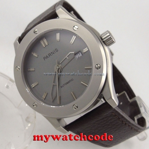 sandblast 43mm Parnis gray dial date window automatic leather mens watch P501