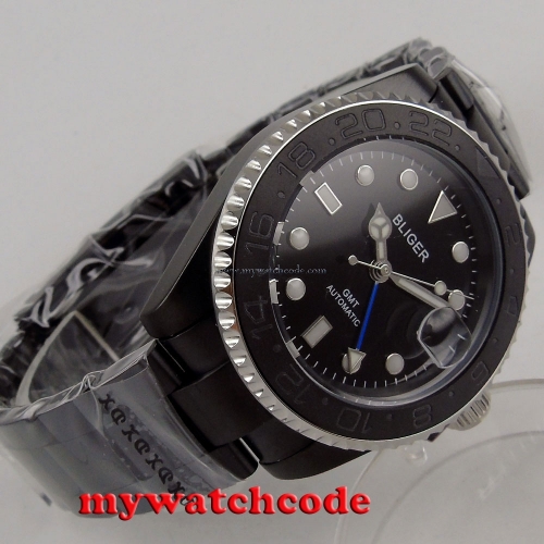 40mm Bliger black dial PVD case GMT sapphire glass automatic mens watch P201