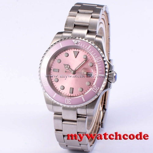 40mm bliger pink sterile dial ceramic bezel sapphire glass automatic mens watch