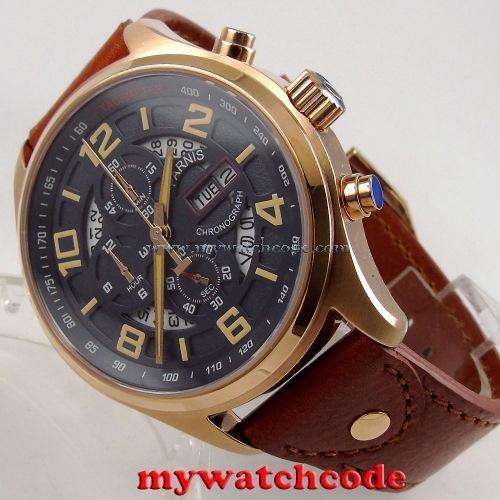 43mm parnis black dial rose golden case date week chronograph quartz mens watch