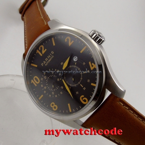 44mm parnis black dial orange marks date 21 jewels miyota automatic mens watch