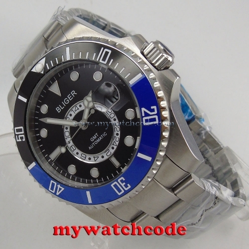 43mm bliger black dial ceramice bezel GMT sapphire glass automatic mens watch