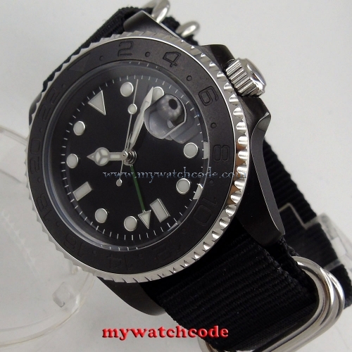 40mm Bliger black GMT PVD case ceramic bezel sapphire crystal automatic mens watch P211
