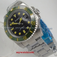 40mm bliger black dial green bezel yellow marks date sapphire crystal automatic mens watch