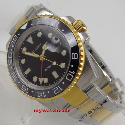 40mm bliger black dial sapphire glass golden plated case GMT automatic men watch
