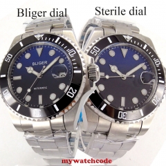43mm Bliger blue sterile black dial sapphire crystal date automatic movement mens watch
