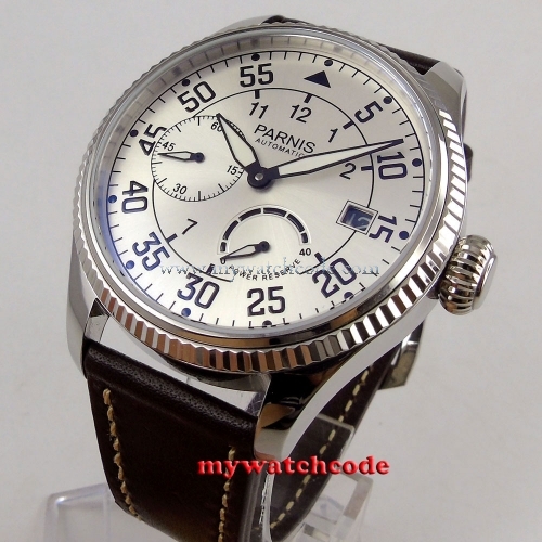 45mm Parnis white dial date power reserve ST2530 Automatic Movement Mens Watch