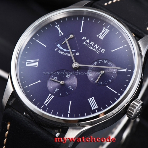 42mm Parnis blue dial full solid case date power reserve automatic mens watch