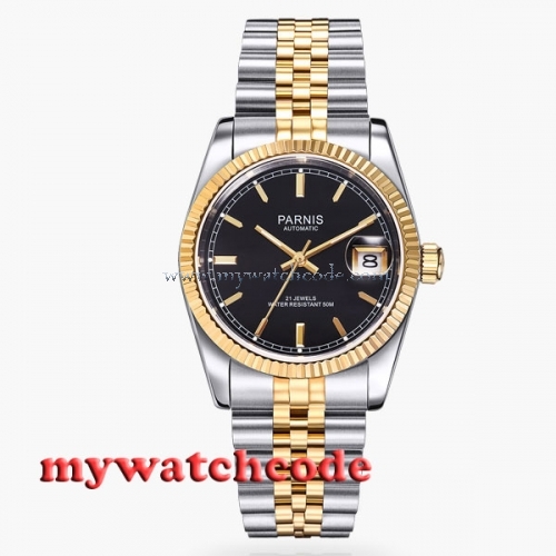 36mm Parnis black dial Sapphire glass 21 jewels Miyota 821A automatic mens watch two tone gold case and bracelet