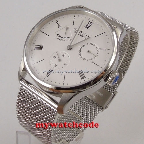 42mm Parnis white dial date power reserve ST automatic mens watch PA946AU