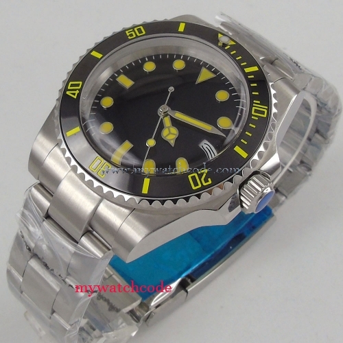 40mm bliger black dial yellow marks date sapphire crystal automatic mens watch