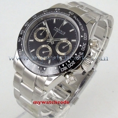 39mm PARNIS black dial sapphire glass cermaic bezel Chronograph quartz mens watch P1178