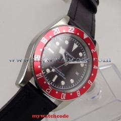 41mm Corgeut Black Dial GMT Date Red Rotating Bezel Super Luminous Hands Stainless steel Case Automatic Movement men's Watch