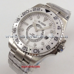 NEW 43mm Bliger white dial ceramic bezel Date adjust GMT luminous hands sapphire glass Automatic Men's Mingzhu Movement Watch
